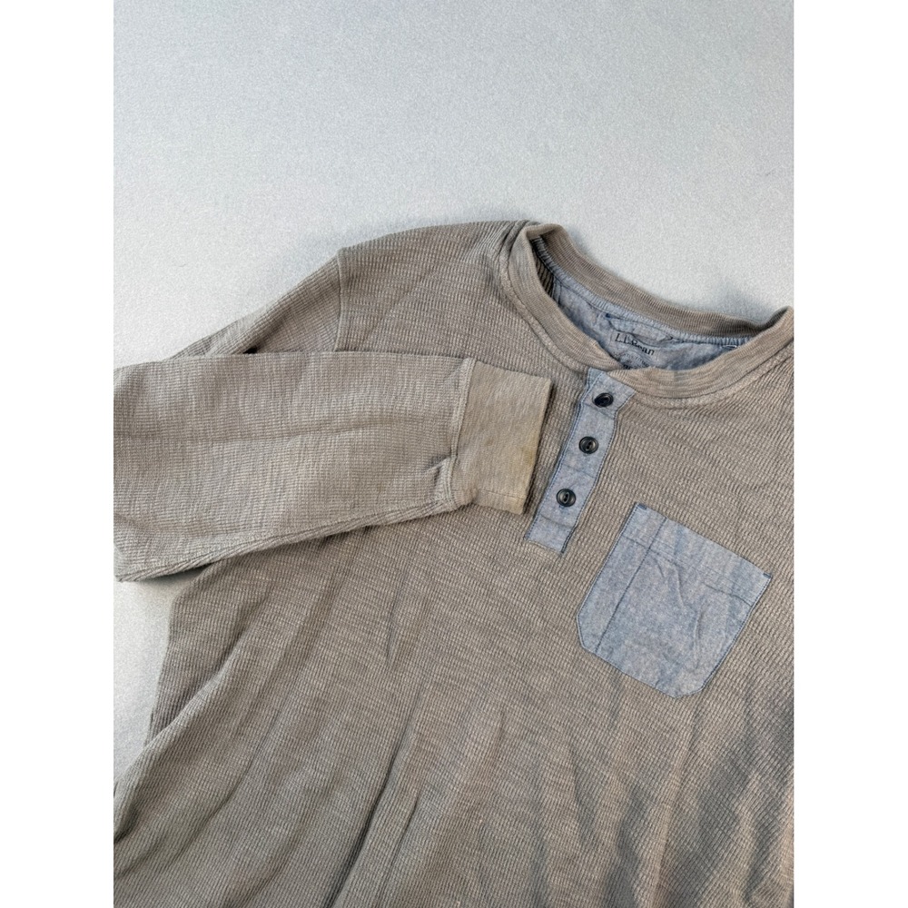 LL Bean Mens Henley Shirt Large Brown Waffle Knit Thermal Long Sleeve Pocket